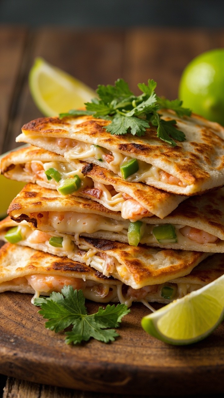 Golden-brown quesadillas cut into wedges, with shrimp, melted cheese, and bits of green pepper peeking out. They’re stacked on a round board, garnished with fresh cilantro and lime wedges. Golden-brown quesadillas cut into wedges, with shrimp, melted cheese, and bits of green pepper peeking out. They’re stacked on a round board, garnished with fresh cilantro and lime wedges.
