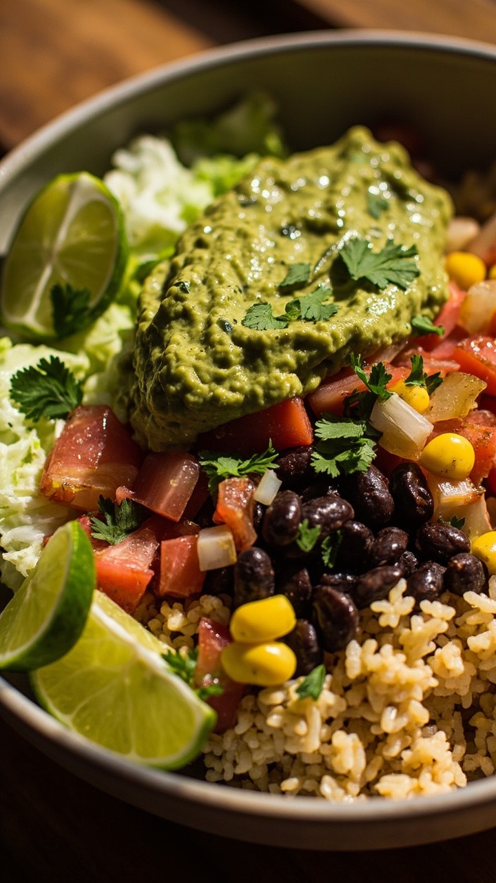 A bowl of steaming cauliflower rice topped with black beans, grilled corn, shredded lettuce, salsa, and a scoop of guacamole. A sprinkle of chopped cilantro and lime wedges.