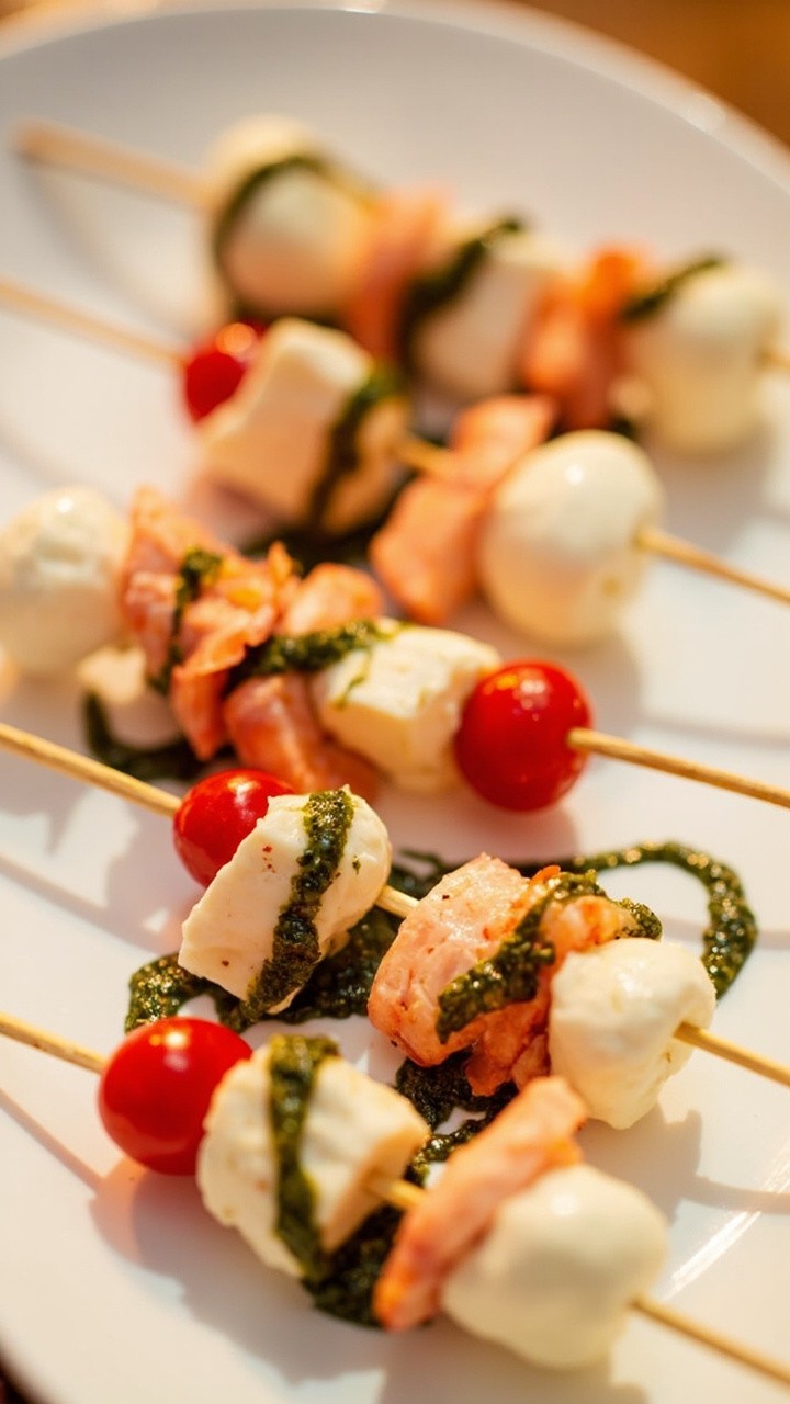 Short wooden skewers threaded with cherry tomatoes, marinated mozzarella balls, and lobster medallions, all sitting atop a drizzle of pesto on a simple white serving platter.