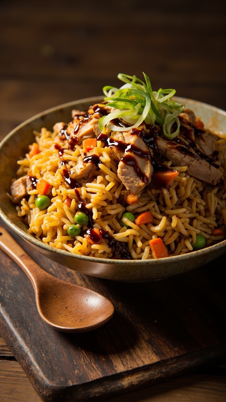 A heap of golden, soy-glazed fried rice in a wide bowl, studded with flecks of scrambled egg, peas, carrots, and chunks of tuna. Sliced green onion and a drizzle of soy sauce over the top. A wooden spoon rests alongside.