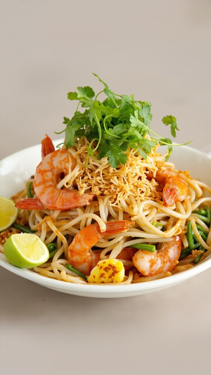 A flat white plate piled with glossy rice noodles, pink shrimp, scrambled egg fragments, bean sprouts, crushed peanuts, and fresh cilantro. Lime wedges are perched on the rim. A flat white plate piled with glossy rice noodles, pink shrimp, scrambled egg fragments, bean sprouts, crushed peanuts, and fresh cilantro. Lime wedges are perched on the rim.