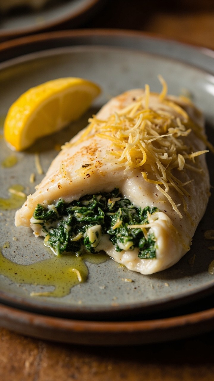 Catfish fillet cut open, generously filled with creamy spinach, flecked with roasted garlic and parmesan, topped with extra parmesan shavings. Plated with lemon wedges on a simple gray plate.