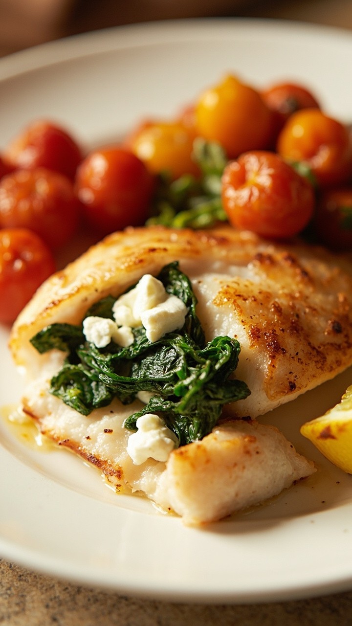 A beautifully baked catfish fillet, stuffed with a visibly green and white filling of wilted spinach and chunky feta. It rests atop a simple white plate with a side of roasted cherry tomatoes and a lemon wedge.