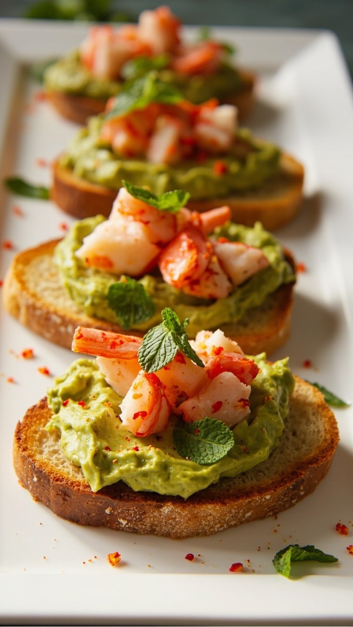 Four small slices of crusty sourdough bread toasted, topped with smashed avocado, bright red lobster chunks arranged on top, mint leaves, and a pinch of chili flakes, all served on a simple white platter.