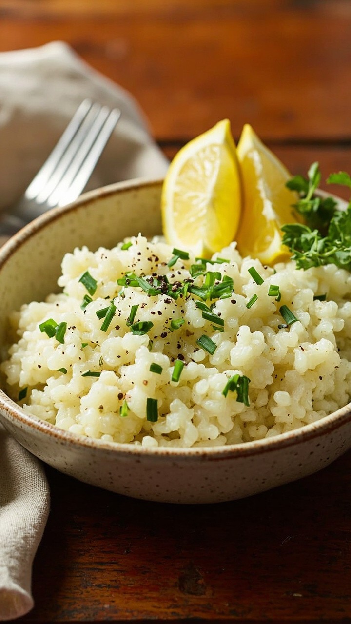 A bowl of fluffy garlic herb cauliflower rice, flecked with fresh parsley and chives, served in a shallow ceramic dish on a wooden table. Lemon wedges and a sprinkle of black pepper on top. A linen napkin tucked to the side.