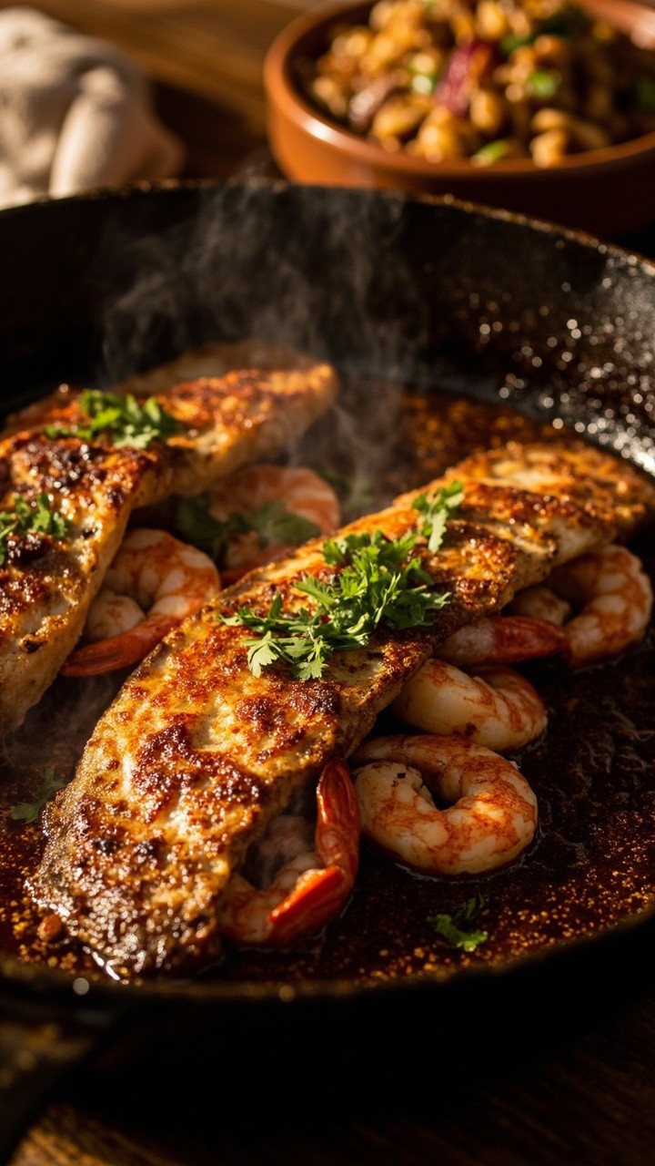 A dark, spice-rubbed catfish fillet, split and packed with bright pink shrimp, sizzling atop a cast iron pan, with a dusting of fresh parsley and a bowl of dirty rice nearby.