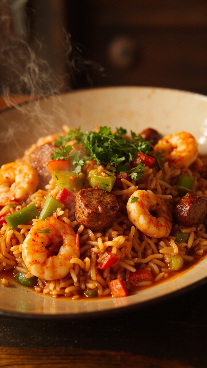 A generous helping of orange-tinged jambalaya in a wide, shallow bowl, filled with sliced smoky sausage, plump shrimp, bell pepper, and diced tomato. Garnished with chopped parsley. A generous helping of orange-tinged jambalaya in a wide, shallow bowl, filled with sliced smoky sausage, plump shrimp, bell pepper, and diced tomato. Garnished with chopped parsley.
