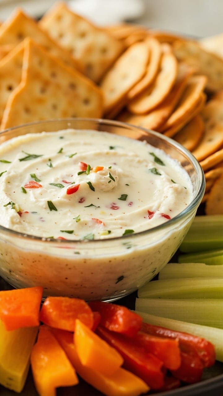 A small glass bowl of creamy crab dip, speckled with herbs and bits of red pepper, with crispy crackers and sliced veggies fanned out around the bowl. A small glass bowl of creamy crab dip, speckled with herbs and bits of red pepper, with crispy crackers and sliced veggies fanned out around the bowl.
