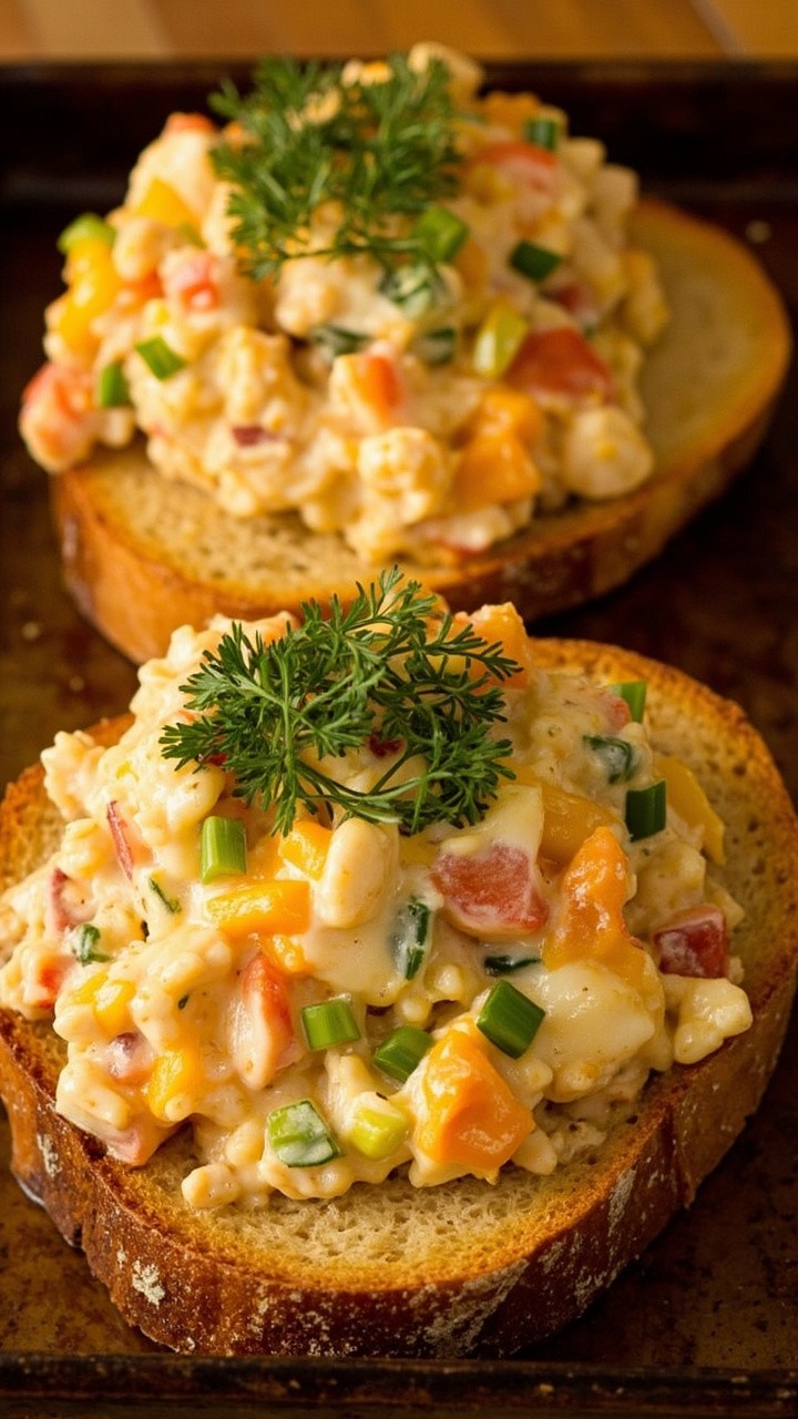 Two slices of toasted sourdough piled high with cheesy crab salad, bubbling and slightly golden from the broiler, on a baking tray. A handful of fresh herbs scattered across the top. Two slices of toasted sourdough piled high with cheesy crab salad, bubbling and slightly golden from the broiler, on a baking tray. A handful of fresh herbs scattered across the top.