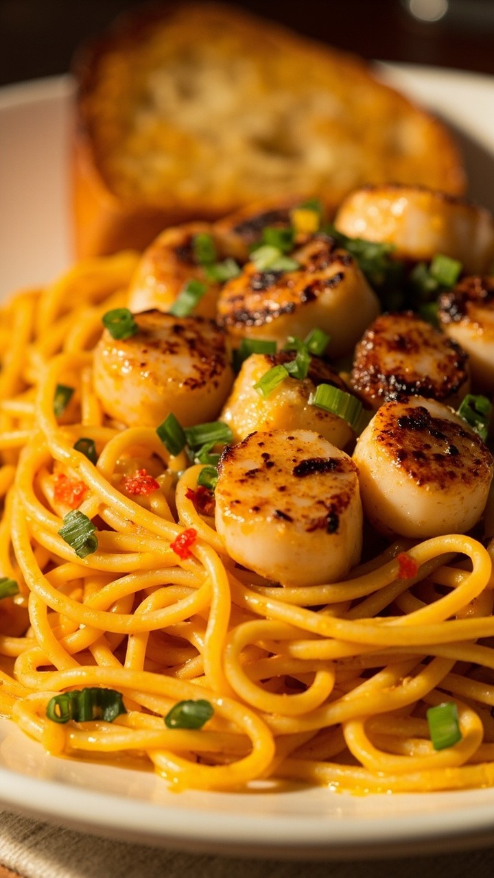 Twisted spaghetti noodles in an orange-tinged creamy sauce, scattered with blackened scallops. The sauce clings to the pasta. Green onions and red pepper flakes are sprinkled on top. A slice of toasted bread sits on the side.