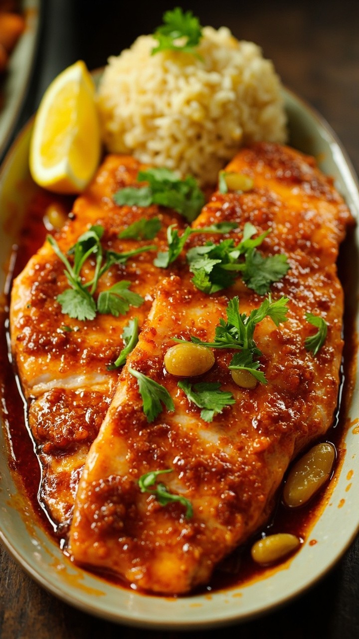 Fish fillets in a shallow oval dish, coated in a deep orange-red spice marinade. Garnished with cilantro leaves and golden sultanas. Served with fluffy cooked couscous and a lemon wedge.