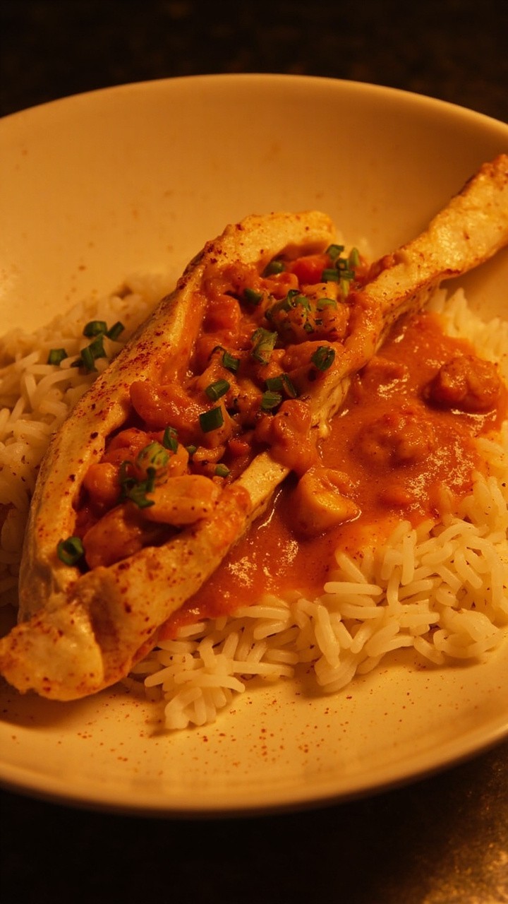 A plump fillet split and overstuffed with saucy, reddish-orange crawfish étouffée, served over fluffy white rice on a broad, shallow bowl. Garnished with chopped green onions and a sprinkle of cayenne.