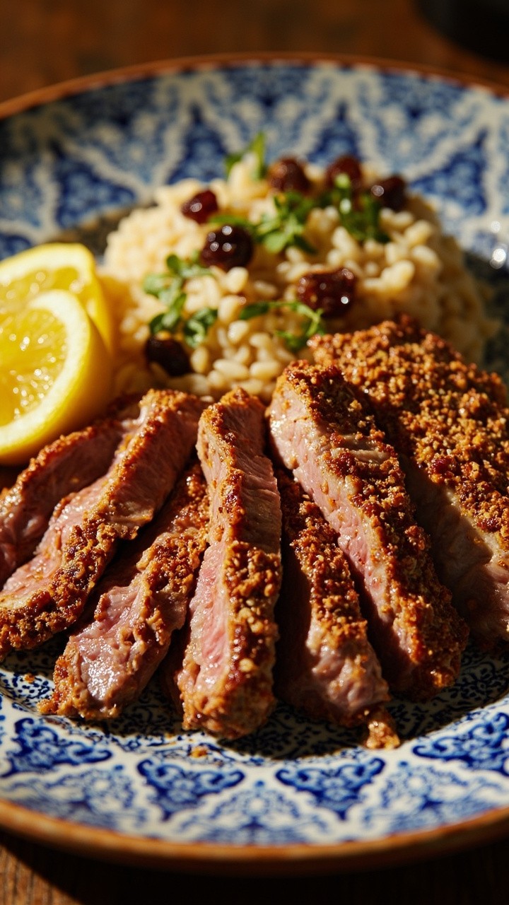 Tuna steak coated in a deep golden spice crust, sliced on a patterned Moroccan plate. Lemon wedges and a small side of couscous dotted with currants and herbs complete the setting.