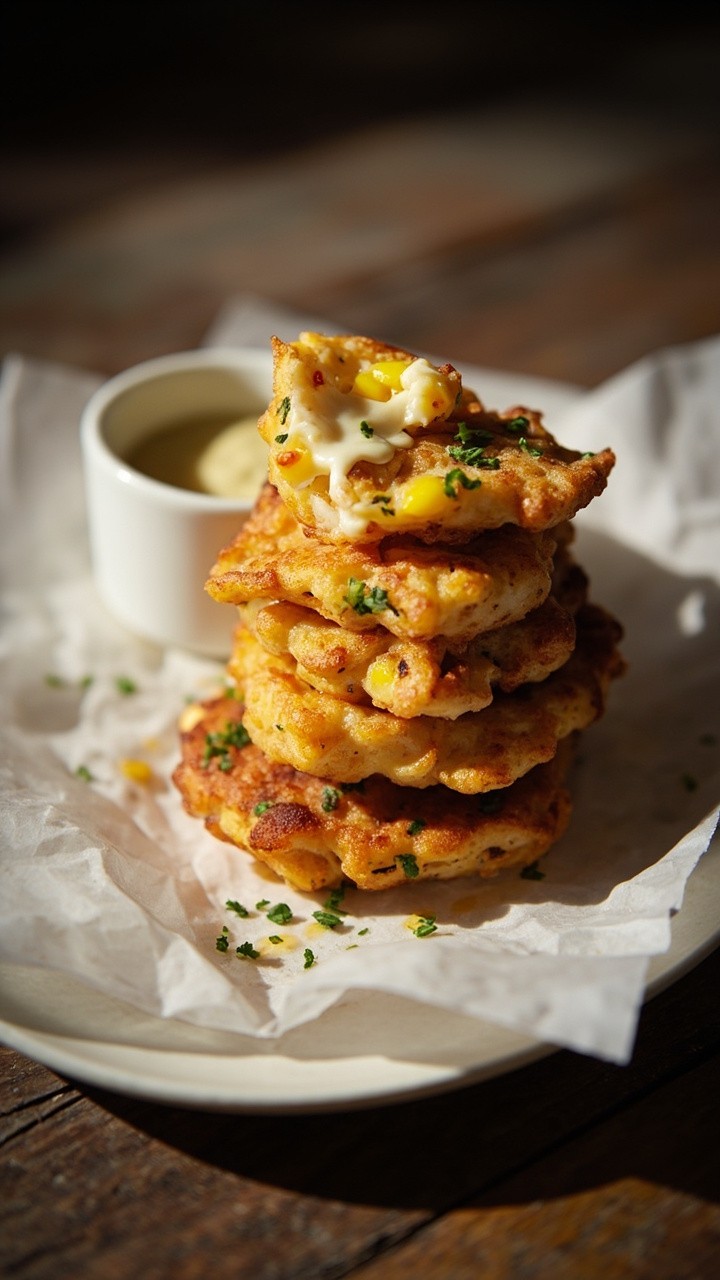 Golden brown fritters stacked on a parchment-lined plate, flecks of lobster and yellow corn showing through, scattered with chopped parsley and a small glass bowl of aioli for dipping.