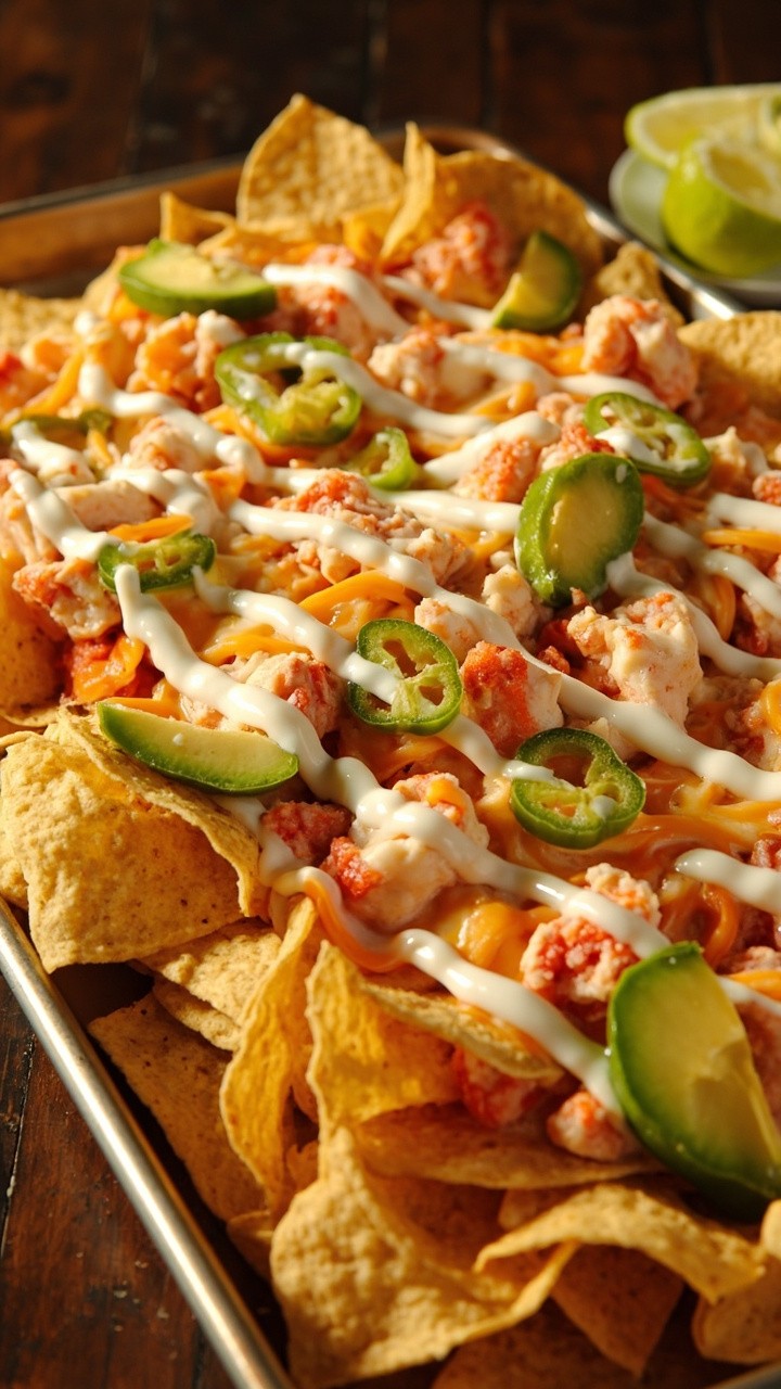 Tortilla chips piled high on a baking sheet, covered with melted cheese and scattered lobster pieces, thin jalapeño slices, avocado chunks, and a drizzle of sour cream, served with lime wedges.
