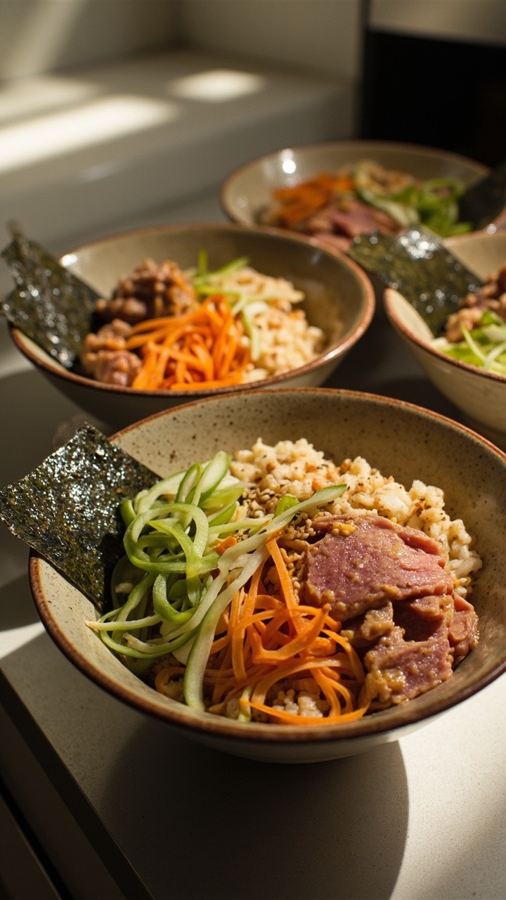 Wide bowls filled with sticky sushi rice, a generous mound of flaked tuna in spicy mayo, avocado slices, shredded carrot, cucumber ribbons, and a sprinkle of sesame seeds and sliced green onion. Nori strips are tucked alongside.