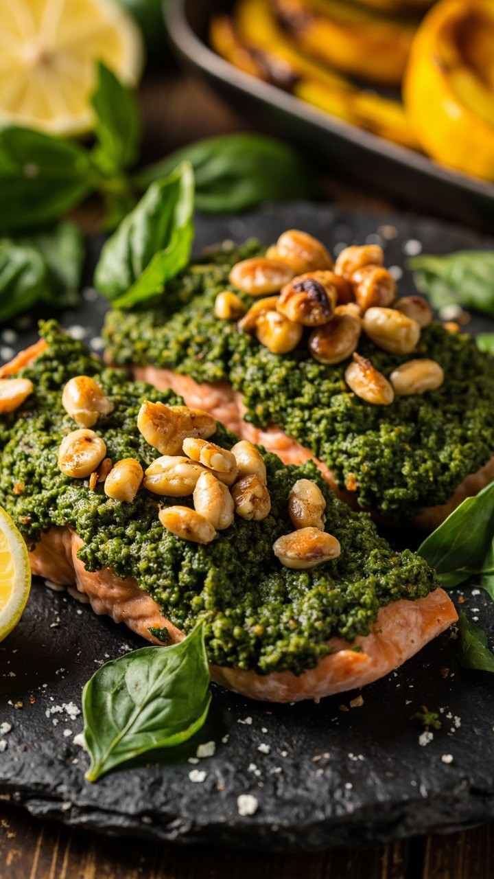 Salmon fillets with a green pesto crust sit on a round slate plate, garnished with extra basil leaves. There’s a lemon wedge and toasted pine nuts scattered on top. In the background, a side of roasted summer squash.