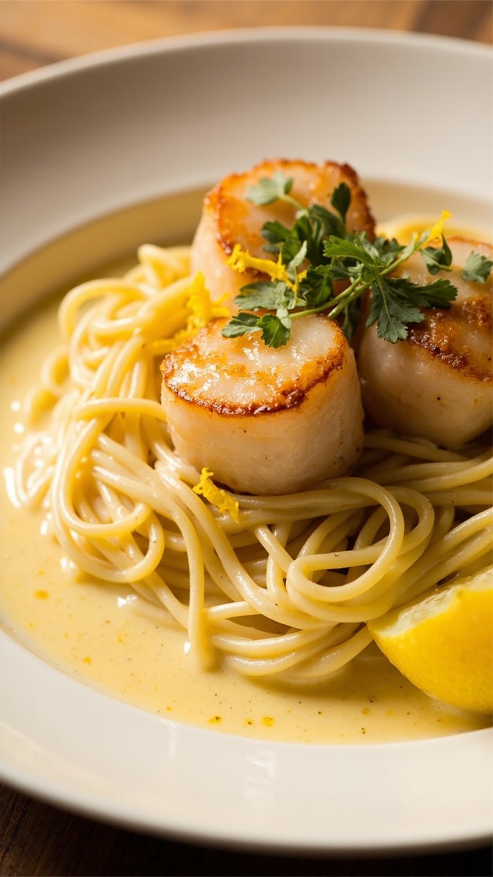 Tagliatelle ribbons in a shallow bowl, enrobed in a pale lemon cream sauce. Plump, golden brown scallops are arranged on top and sprinkled with fresh parsley and lemon zest. A lemon wedge sits on the side.