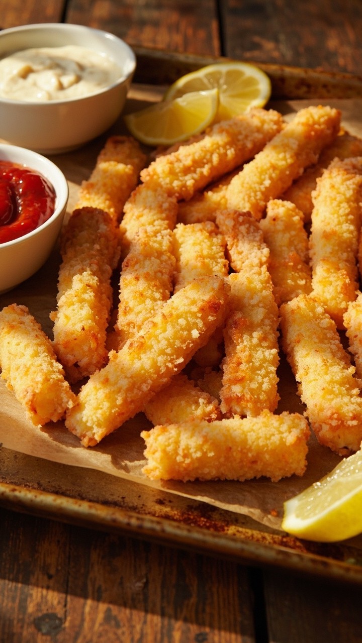 Golden, uniformly shaped fish sticks with a textured panko crust, arranged in neat rows on a baking tray. A small bowl of tartar or ketchup sits nearby. Everything looks crisp, with lemon wedges on the side.