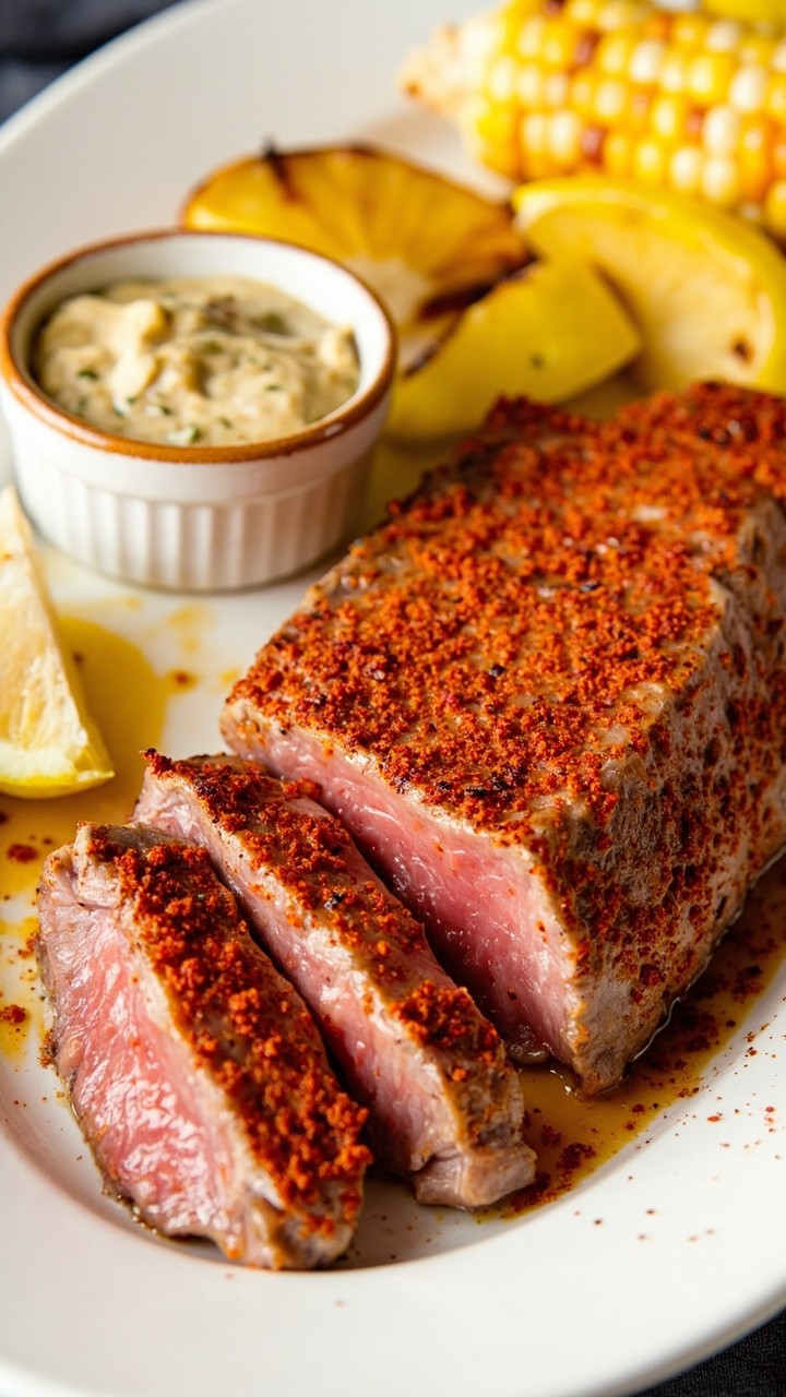 Tuna steak, crusted deeply with red-orange Cajun spices, sliced and arranged on a white dinner plate. A small bowl of creamy remoulade sits alongside, with corn on the cob and lemon wedges for color.