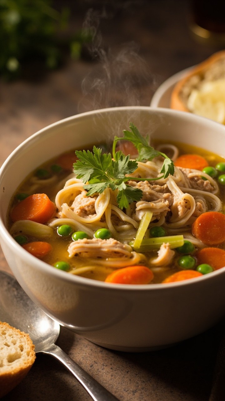 A cozy bowl of clear broth with egg noodles, flaked tuna, thin carrot rounds, diced celery, and peas. Sprigs of fresh parsley float on top. A soup spoon and a slice of buttered baguette rest nearby.