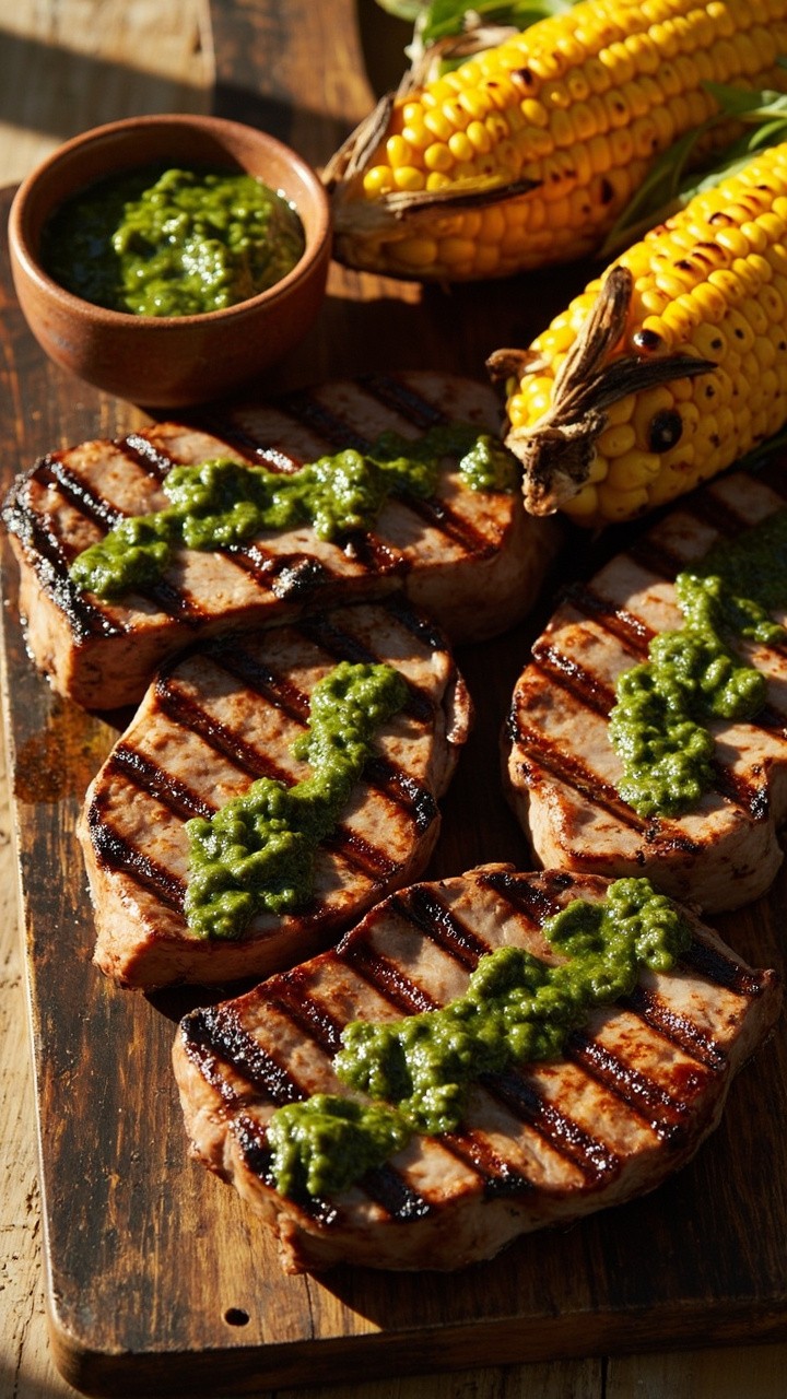 Thick grill-marked tuna steaks drizzled liberally with vibrant green chimichurri, served on a rustic wooden platter. A bowl of extra sauce and grilled corn rounds out the visual.