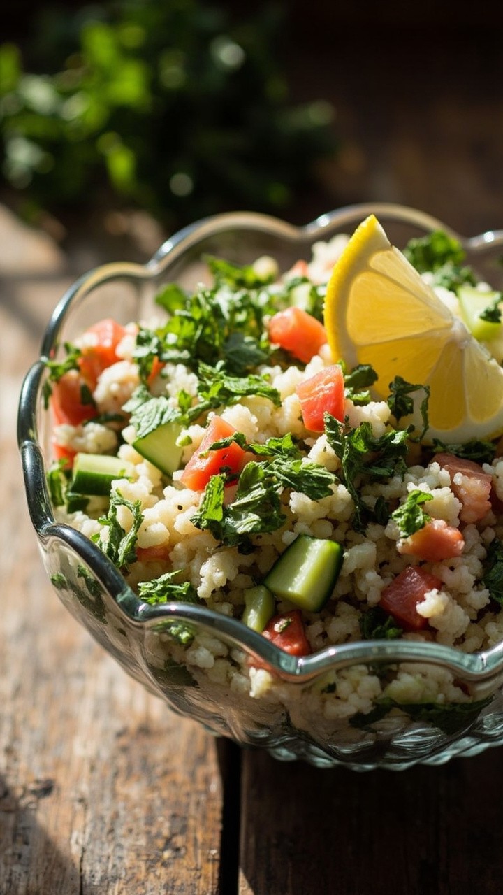 A glass bowl filled with cauliflower rice tabbouleh, featuring finely chopped parsley, tomatoes, mint, and cucumber, with a lemon wedge on the rim. The salad is vibrant green and flecked with red and white.