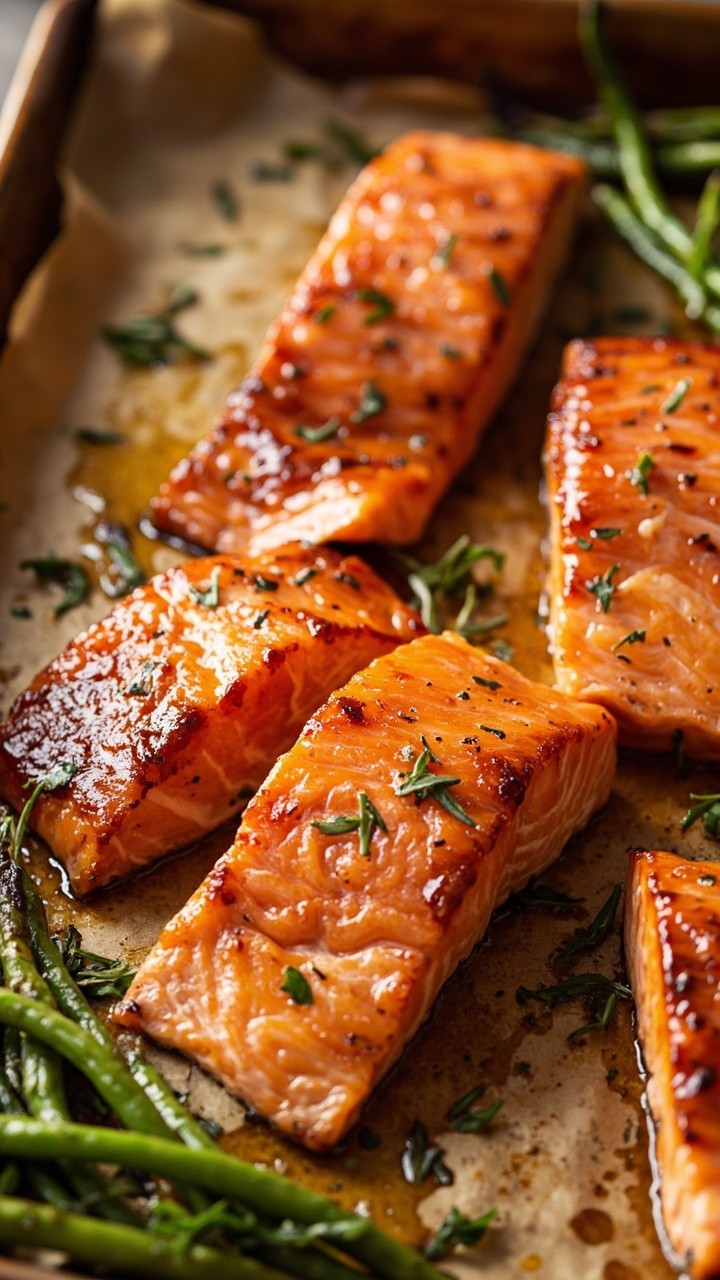 Salmon fillets on a parchment-lined sheet pan, brushed with a glossy amber-hued glaze, lightly caramelized on top. Garnished with a few thyme sprigs, served alongside roasted green beans. The salmon is moist and fork-tender in the center.