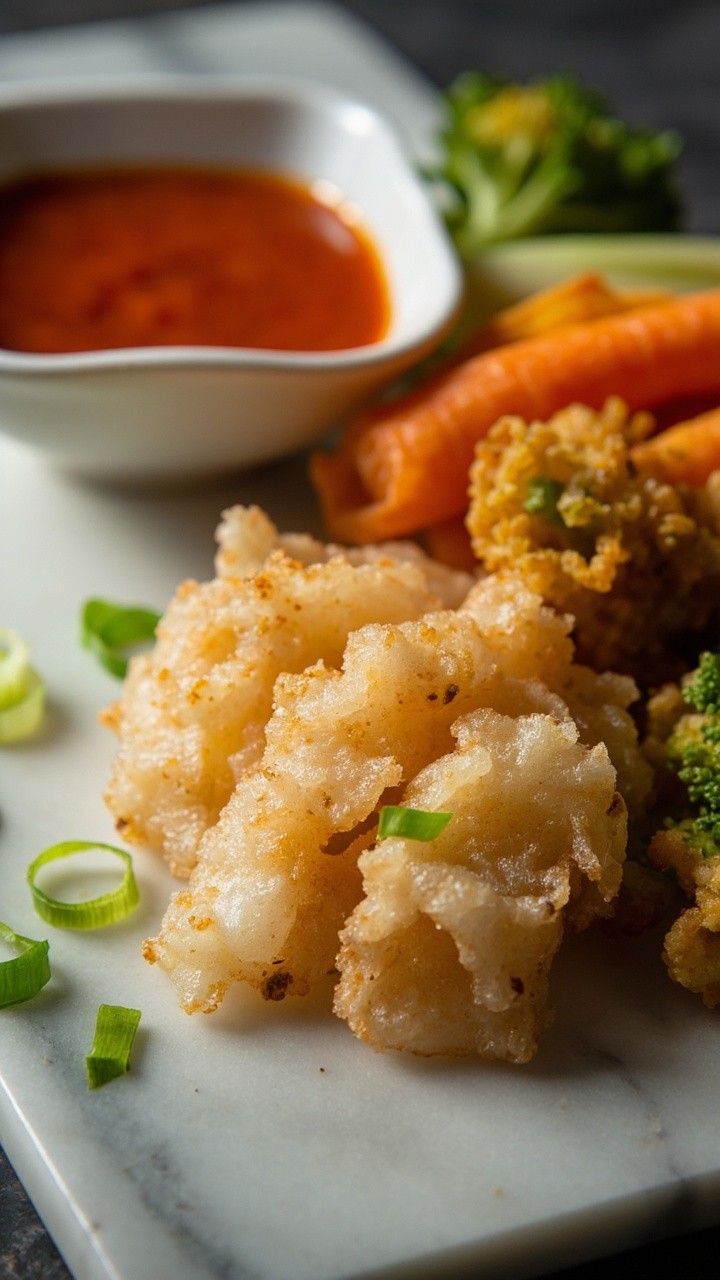 Light, airy tempura cod strips on a marble platter. There’s a small bowl of glossy sweet chili sauce for dipping, a scattering of sliced scallions, and a few crisped tempura vegetables layered beside the fish.
