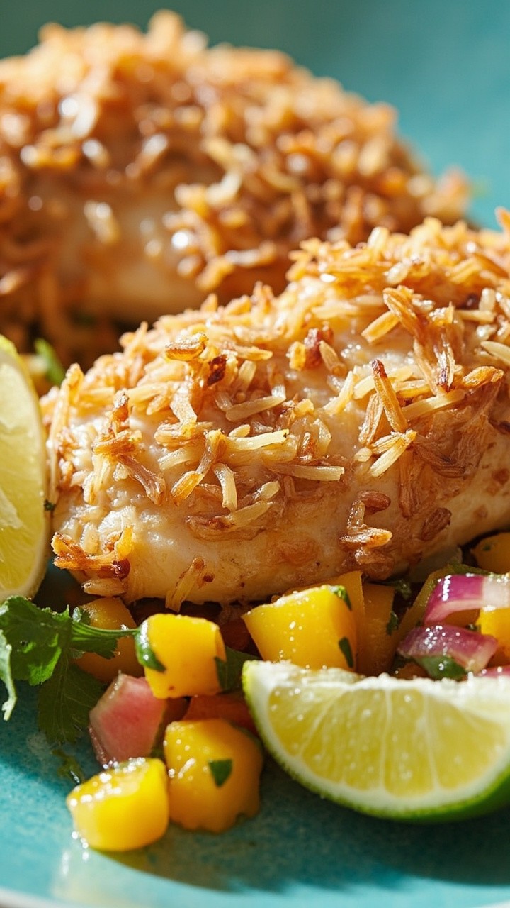 Firm cod fillets in a thick, golden coconut-crusted shell, served on a turquoise ceramic plate. There’s a side of bright mango salsa and a wedge of lime resting beside the fish.
