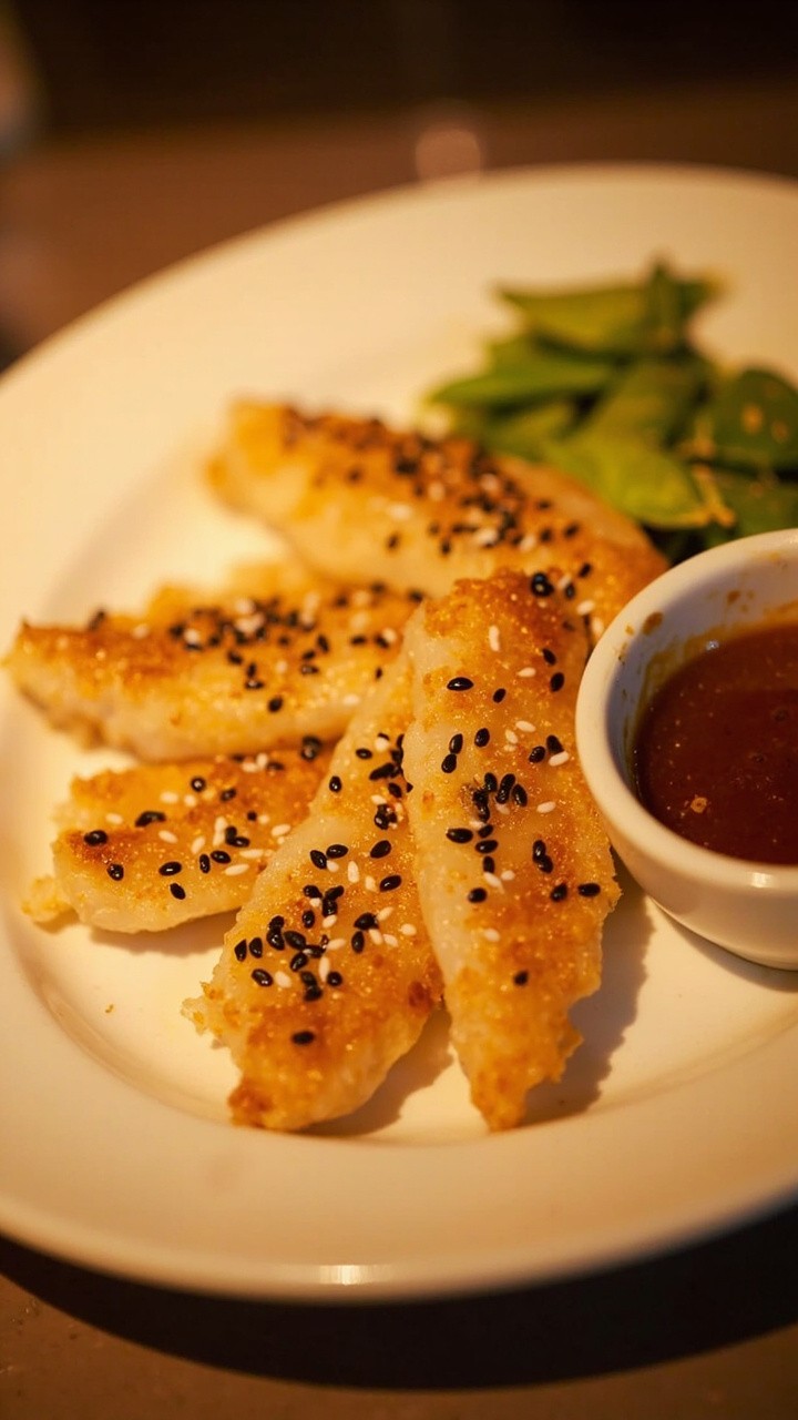 Golden cod fillets with visible black and white sesame seeds in a thin, crunchy crust, fanned onto a platemat. Edamame pods and a dish of soy-ginger dipping sauce are arranged alongside.