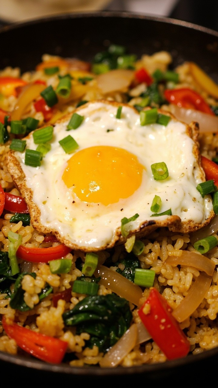 A skillet filled with cooked cauliflower rice, sautéed bell peppers, onions, and spinach, topped with a sunny-side-up egg. Served in the pan with scattered green onions on top.