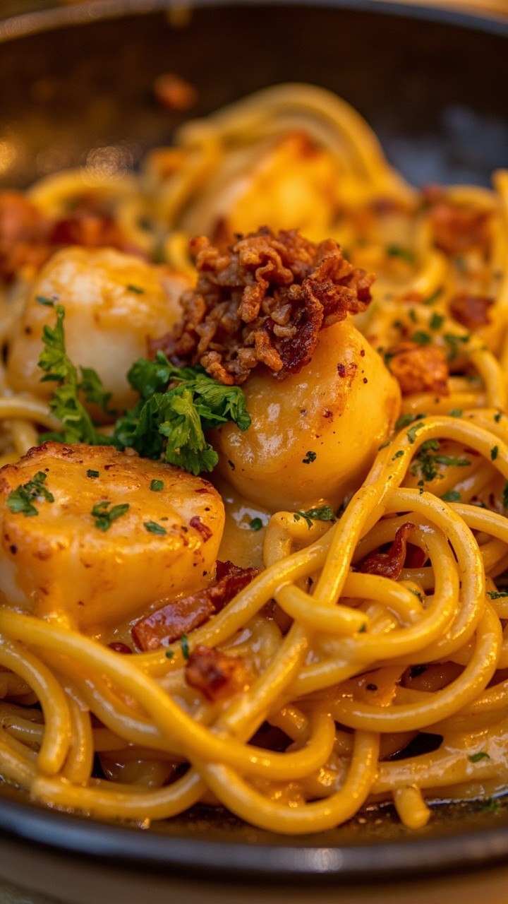 A bowl of spaghetti coated in a creamy sauce, speckled with crisp bacon bits, golden scallops, and fresh parsley. The sauce is glossy and clings to every noodle, with a small pile of bacon crumbles on top.