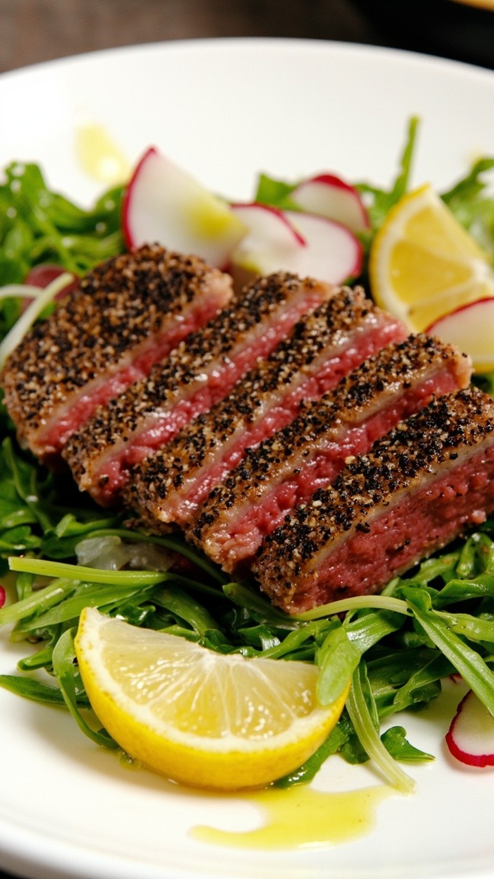 Tuna steak, crusted with cracked black pepper and seared, sliced over a bed of baby arugula leaves. Lemon wedges and thin radish slices garnish the plate, with a drizzle of olive oil on top.