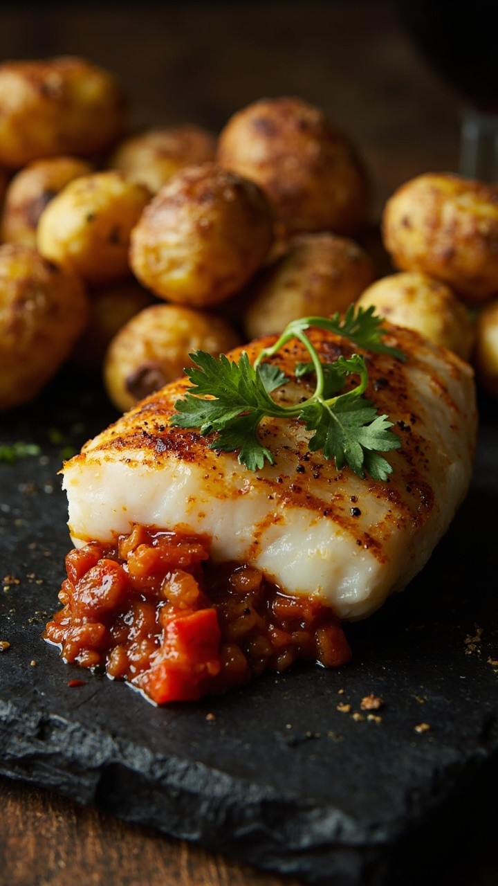Catfish fillet overflowing with a visible chorizo and red pepper filling, fresh parsley sprinkled on top, and plated with roasted baby potatoes on a matte black serving board.