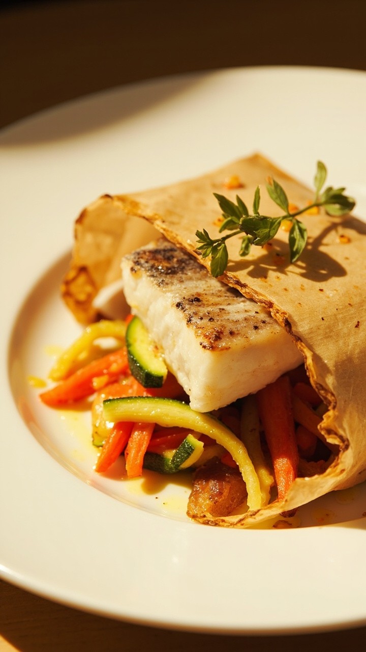 A single-serving parchment packet, slightly browned at the corners, opened to reveal a fillet of white fish on a bed of julienned carrots and zucchini. Tiny droplets of cooking juices and a sprig of thyme. Set on a simple white plate.