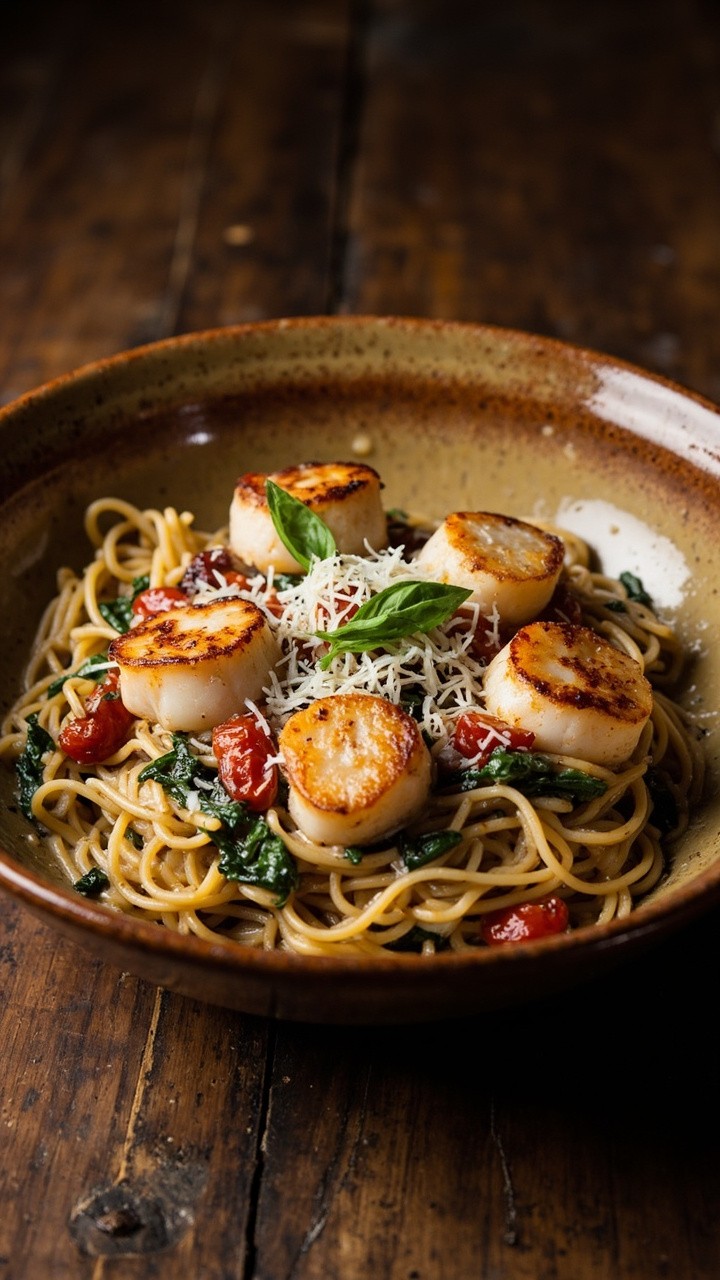 A rustic bowl of pasta flecked with red sun-dried tomatoes and dark green spinach leaves in a thick, creamy sauce. Five seared scallops sit on top, garnished with grated cheese and bits of fresh basil.