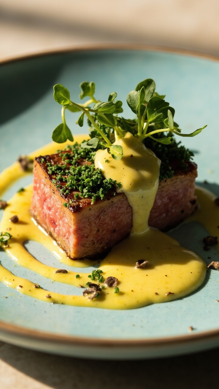 Sliced tuna steak, flecked with green from an herb crust, served on a pale blue plate. A drizzle of pale yellow mustard cream sauce and a few sprigs of extra herbs for garnish.