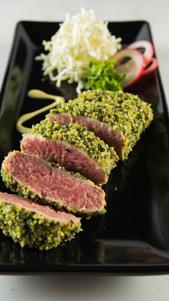 Tuna steak, coated in a crust of green-tinged panko crumbs, sliced on a black rectangular plate. A drizzle of wasabi mayo, a small mound of shredded cabbage, and thin radish slices complete the look.