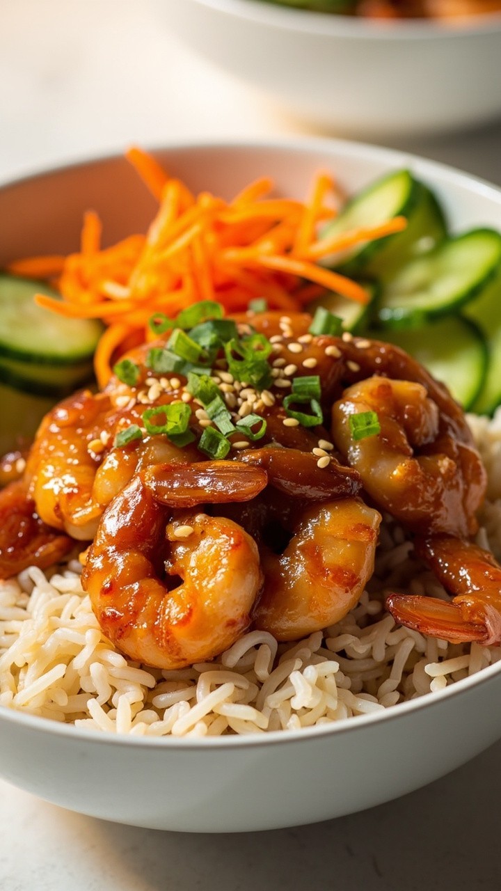 A modern white bowl layered with steamed jasmine rice, topped with glistening honey garlic shrimp. Sliced cucumbers and shredded carrots add crunch, and everything is finished with a sprinkle of sesame seeds and green onions. A modern white bowl layered with steamed jasmine rice, topped with glistening honey garlic shrimp. Sliced cucumbers and shredded carrots add crunch, and everything is finished with a sprinkle of sesame seeds and green onions.