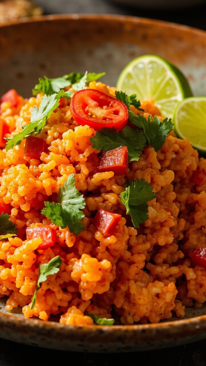 A vibrant plate of reddish-orange cauliflower rice, dotted with green cilantro, bits of diced tomato, and jalapeño slices. Served with lime wedges on a rustic plate.