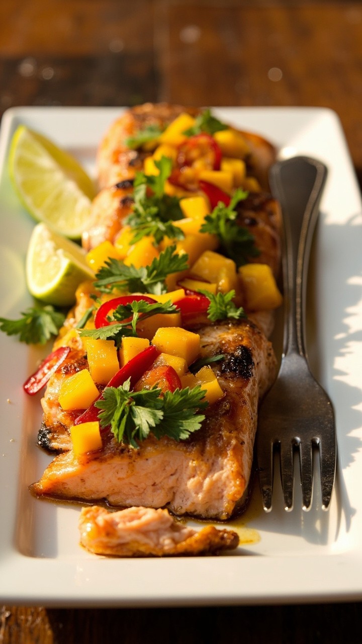 Salmon fillet charred on the outside sits on a white rectangular plate, topped high with a chunky orange-yellow mango salsa speckled with red chili slices and fresh cilantro. Lime wedges and a fork rest to the side.