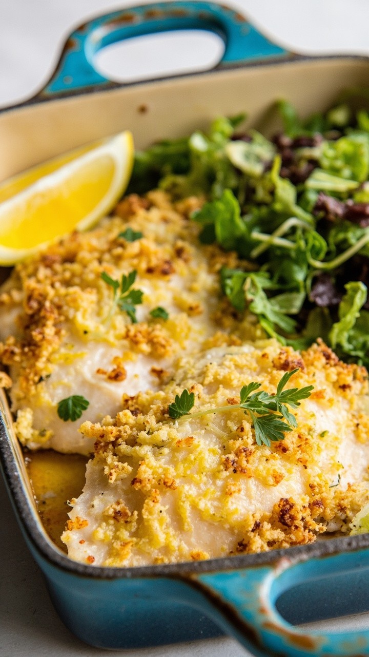 Tilapia fillets in a blue stoneware dish, blanketed with a golden, crispy parmesan and breadcrumb topping. The edges are slightly browned. Served with lemon wedges and a tangle of green salad.