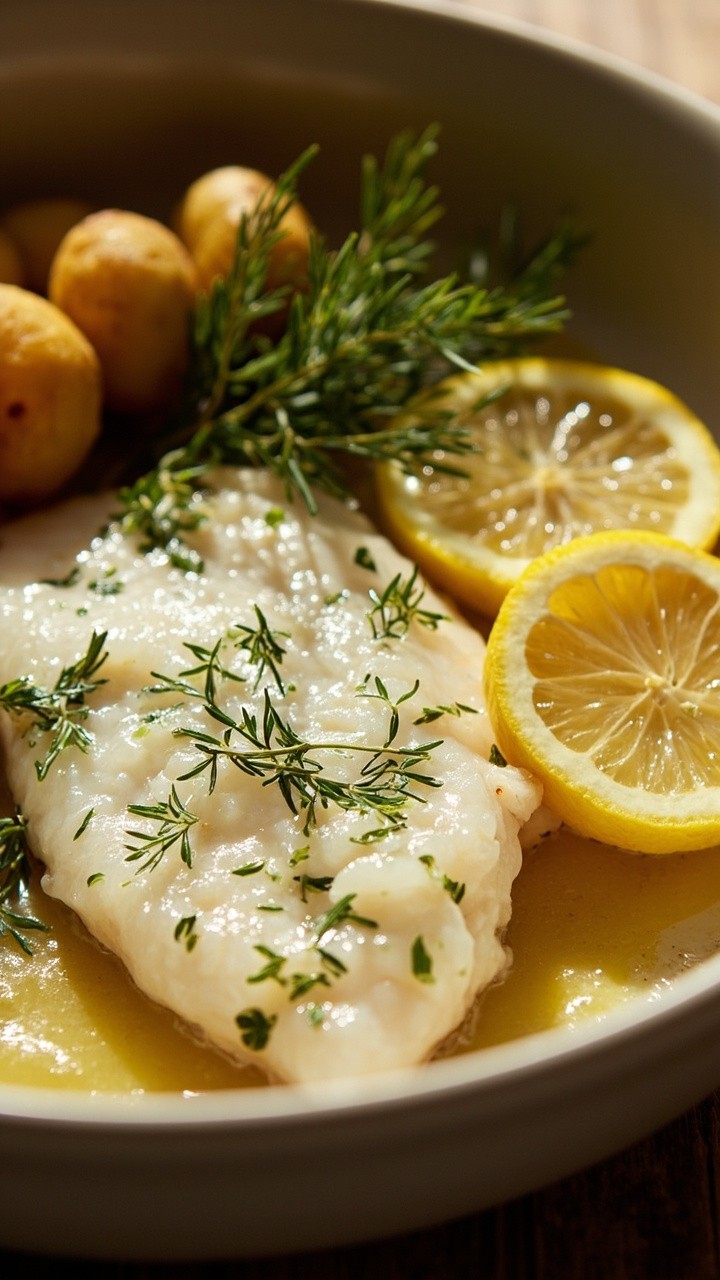 A piece of white haddock, flecked with fresh dill, in a shallow baking dish, with a few thin lemon slices along the side. Very light and simple, with a sprig of fresh dill as garnish. Served with baby potatoes.