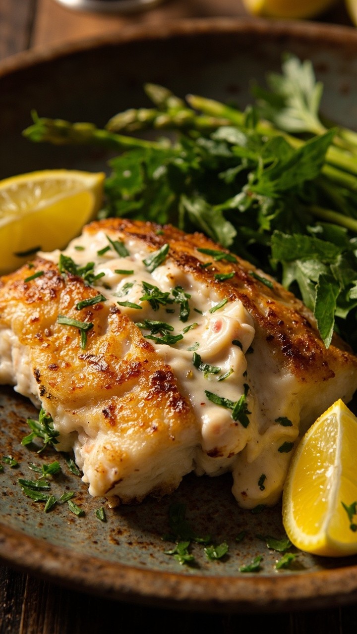 A golden-baked catfish fillet split and stuffed with a creamy, lightly browned crab and herb mixture, served on a rustic stoneware plate. Chopped parsley and lemon wedges are tucked around the fish, and a side of bright steamed asparagus adds color.