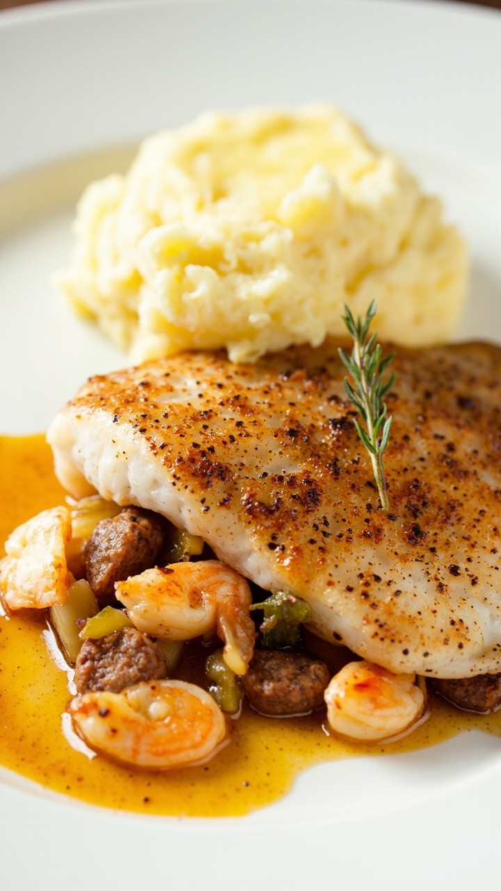 A fillet of catfish bursting with a vibrant filling of chopped shrimp and sausage, dusted with fresh thyme and served beside a scoop of garlicky mashed potatoes. The plate is clean except for a light drizzle of the pan drippings over the fish.