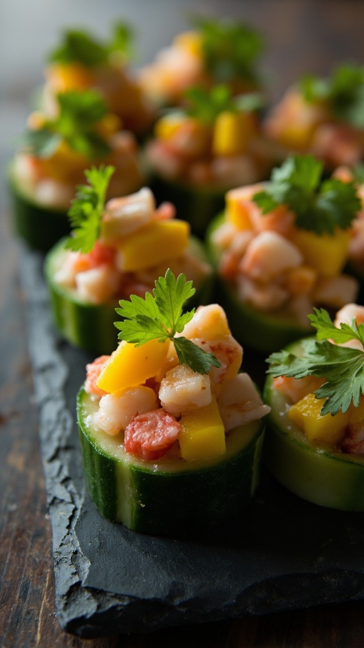 Bite-sized cucumber rounds hollowed out and filled with a colorful lobster, mango, and avocado ceviche, garnished with small cilantro leaves on a rectangle slate board.