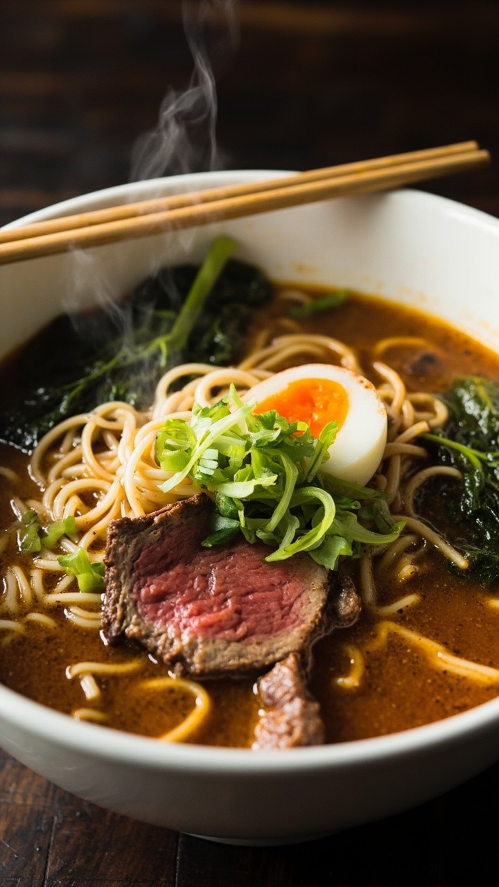 A deep white bowl filled with golden-brown broth, thin slices of beef, curly ramen noodles, floating spinach leaves, a sprinkling of scallions, and a soft-boiled egg split open. Wooden chopsticks rest gently across the bowl, and a light steam swirls above.