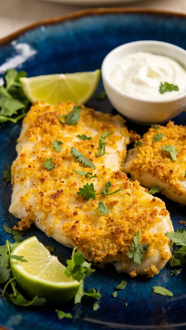 Golden gluten-free cod portions on a dark blue serving dish, the crust visibly coarse and crumbly. There’s a wedge of lime, a ramekin of tangy yogurt dip, and a sprinkling of chopped cilantro on the fish.