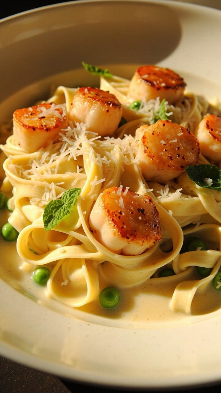 Wide pappardelle noodles swirled in a shallow bowl, coated with a pale creamy sauce speckled with green peas and crowned by five golden scallops. A few shreds of Parmesan and fresh mint leaves finish the look.